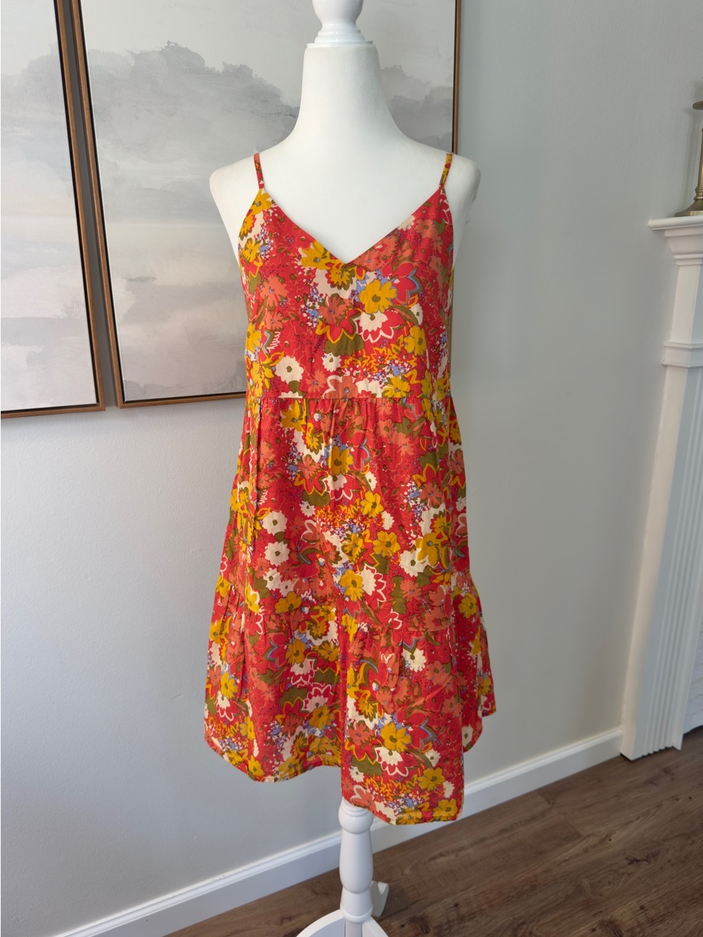 LOFT Floral Tiered Cami Mini Dress | XS | Orange Red Summer Sundress